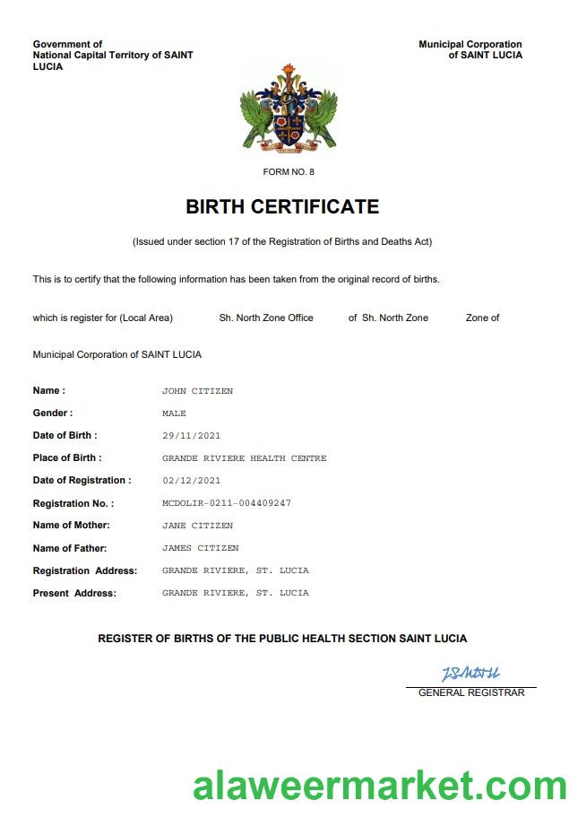 Saint Lucia birth certificate Word and PDF template